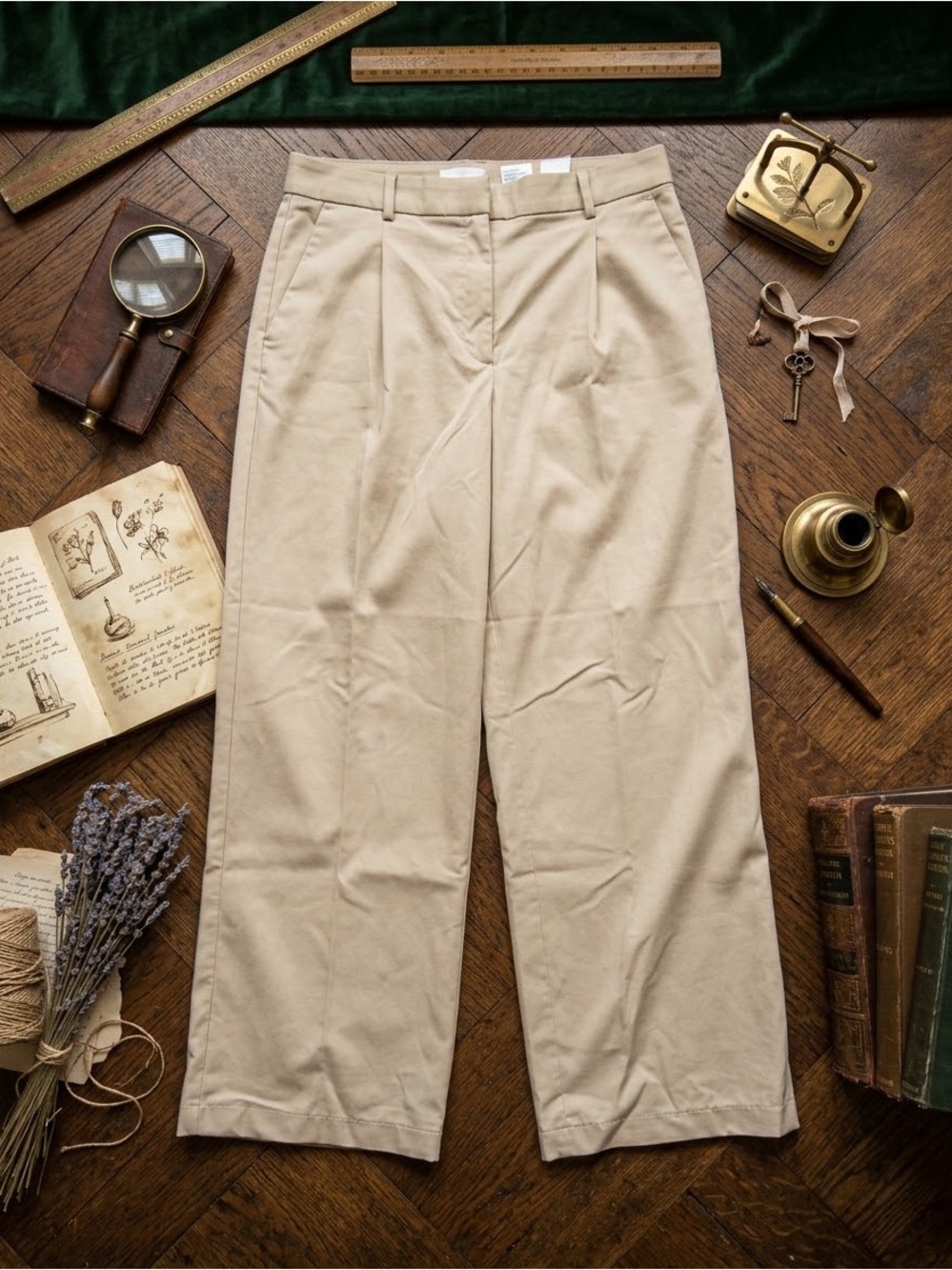 H&M Beige Wide Leg Pleated Dress Pants